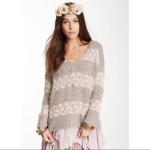 Free People Gray and Pink V-Neck Sweater